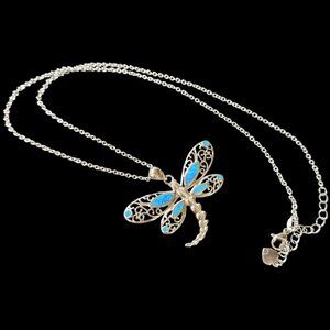 925 Sterling Silver Blue Fire Opal Dragonfly Pendant Necklace,